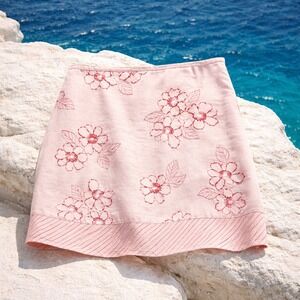 Eddie Bauer Pink 100% Linen Floral Embroidered A Line Skirt Size 10 Spring